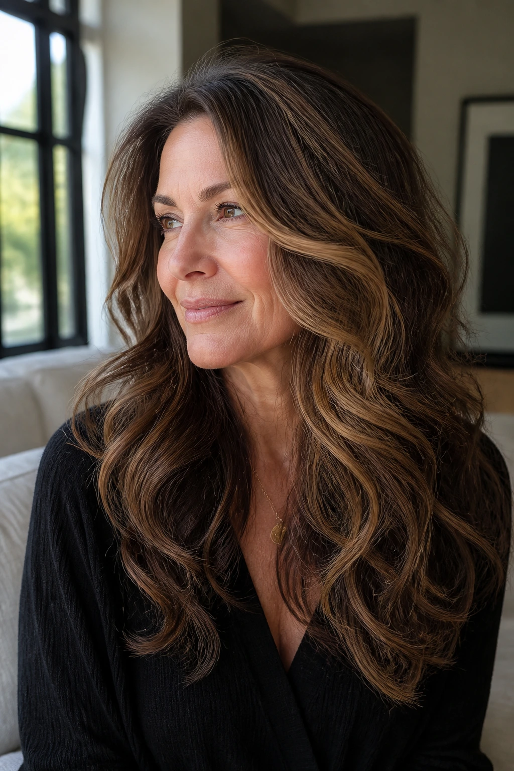 Close-up of real woman with dense wavy hair and long layers