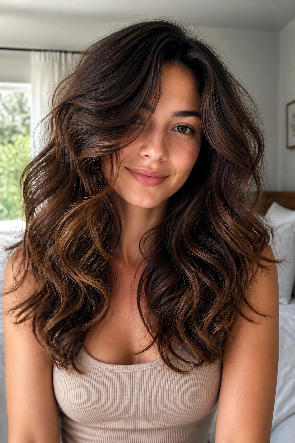 Close-up portrait of a real woman with dense wavy hair and heavy layers