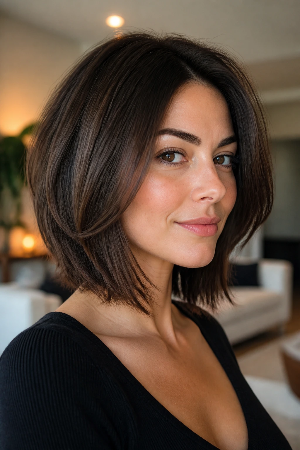 Close-up portrait of a real woman with layered mid-length bob shaping a dense silhouette, soft natural light