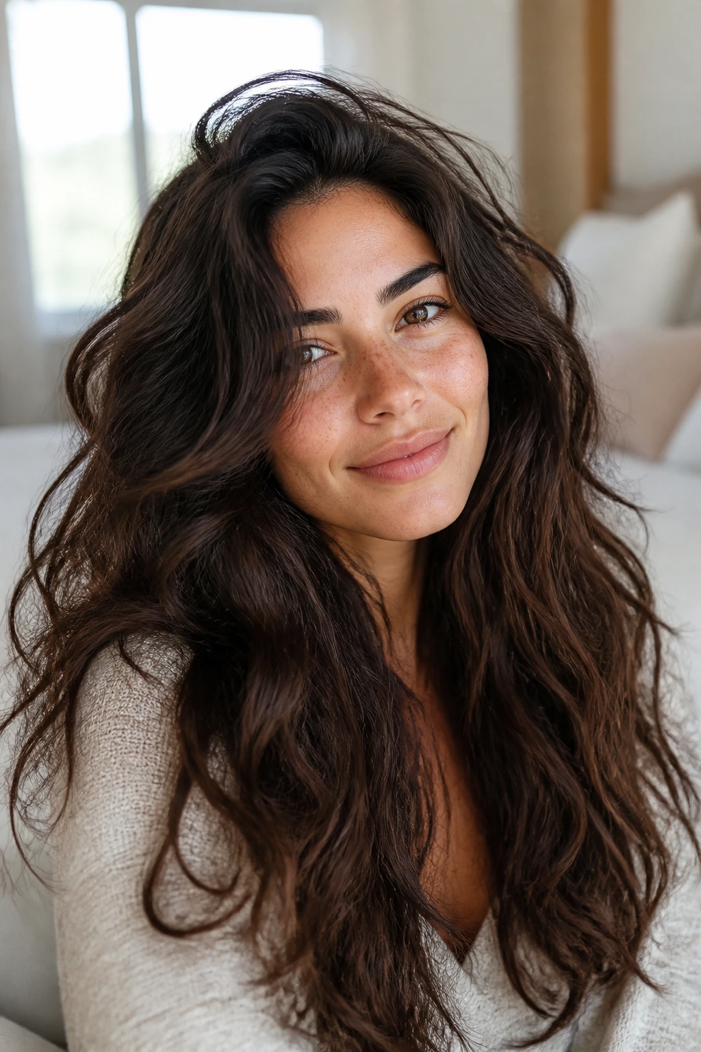 Close-up portrait of a real person with dense thick hair showing texture and volume in a cozy bedroom setting