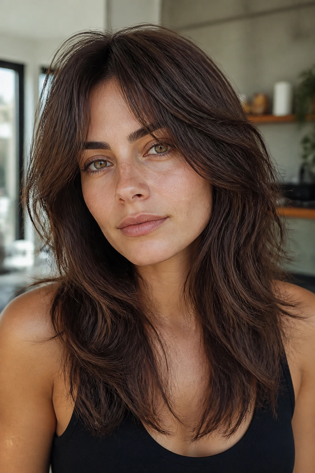 Close-up portrait of a real woman with dense-hair shag and debulking