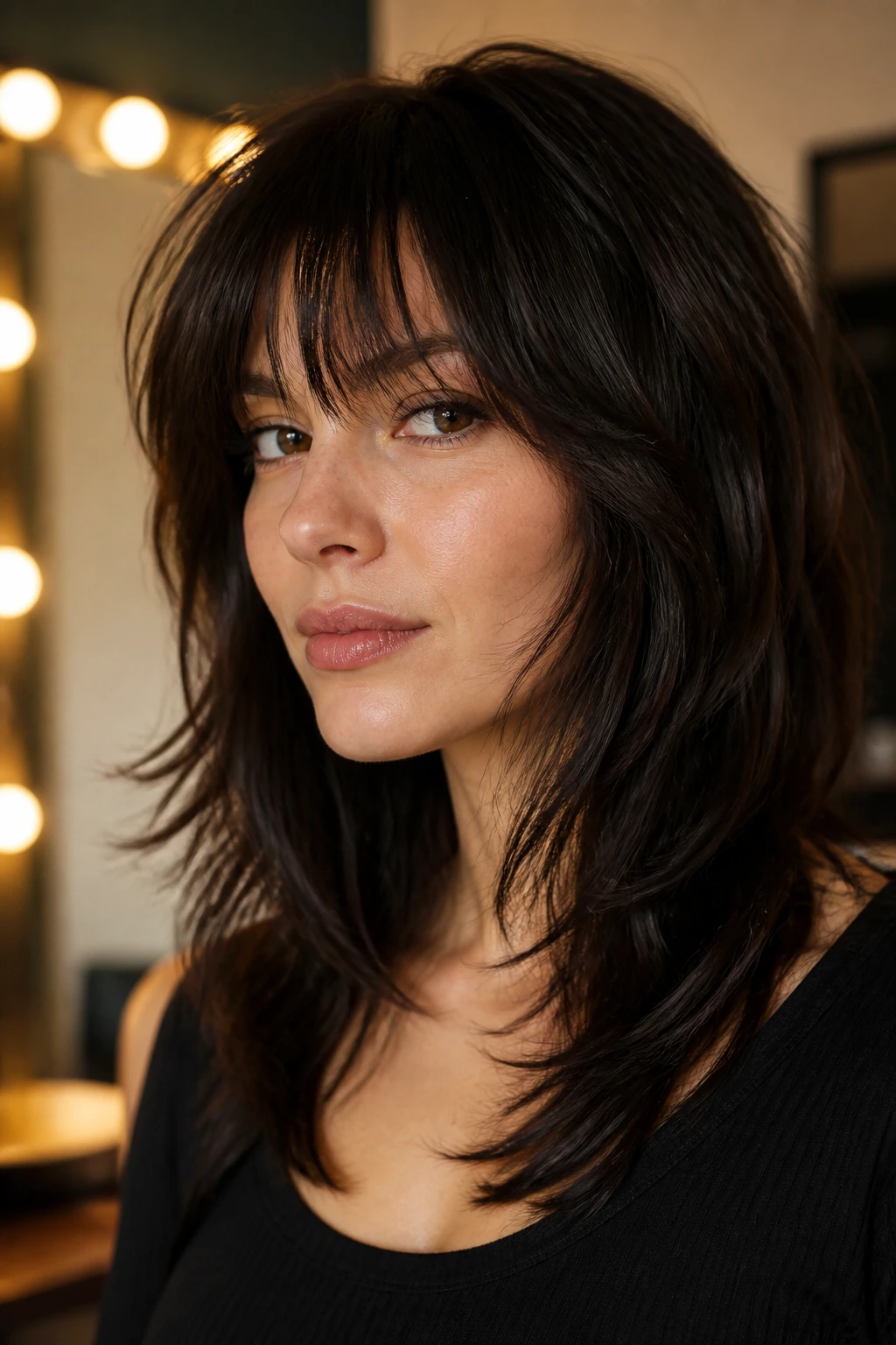 Close-up of real woman with dense-hair shag in a dressing room