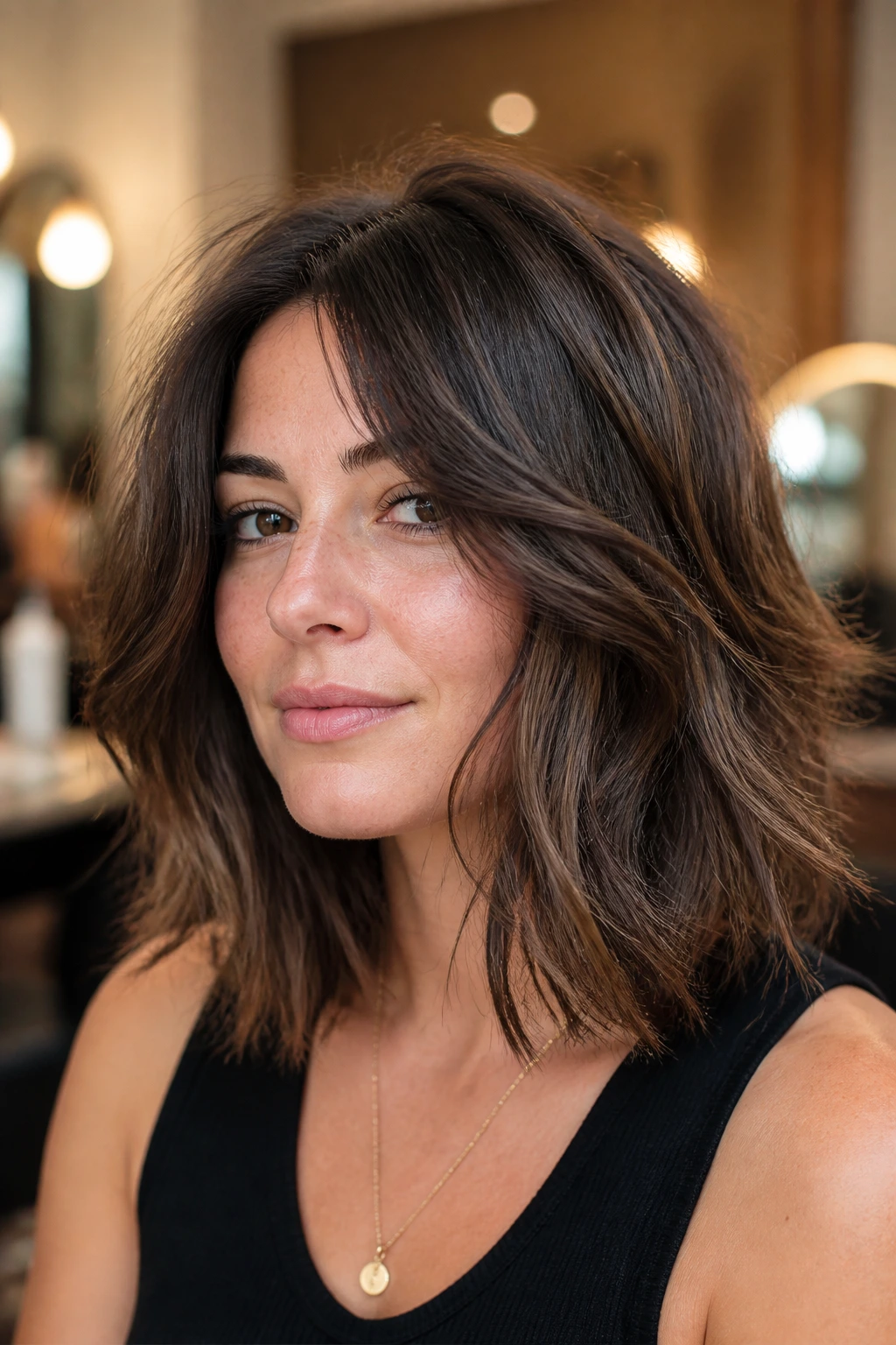 Close-up of a real woman with a layered shoulder-length haircut for thick hair