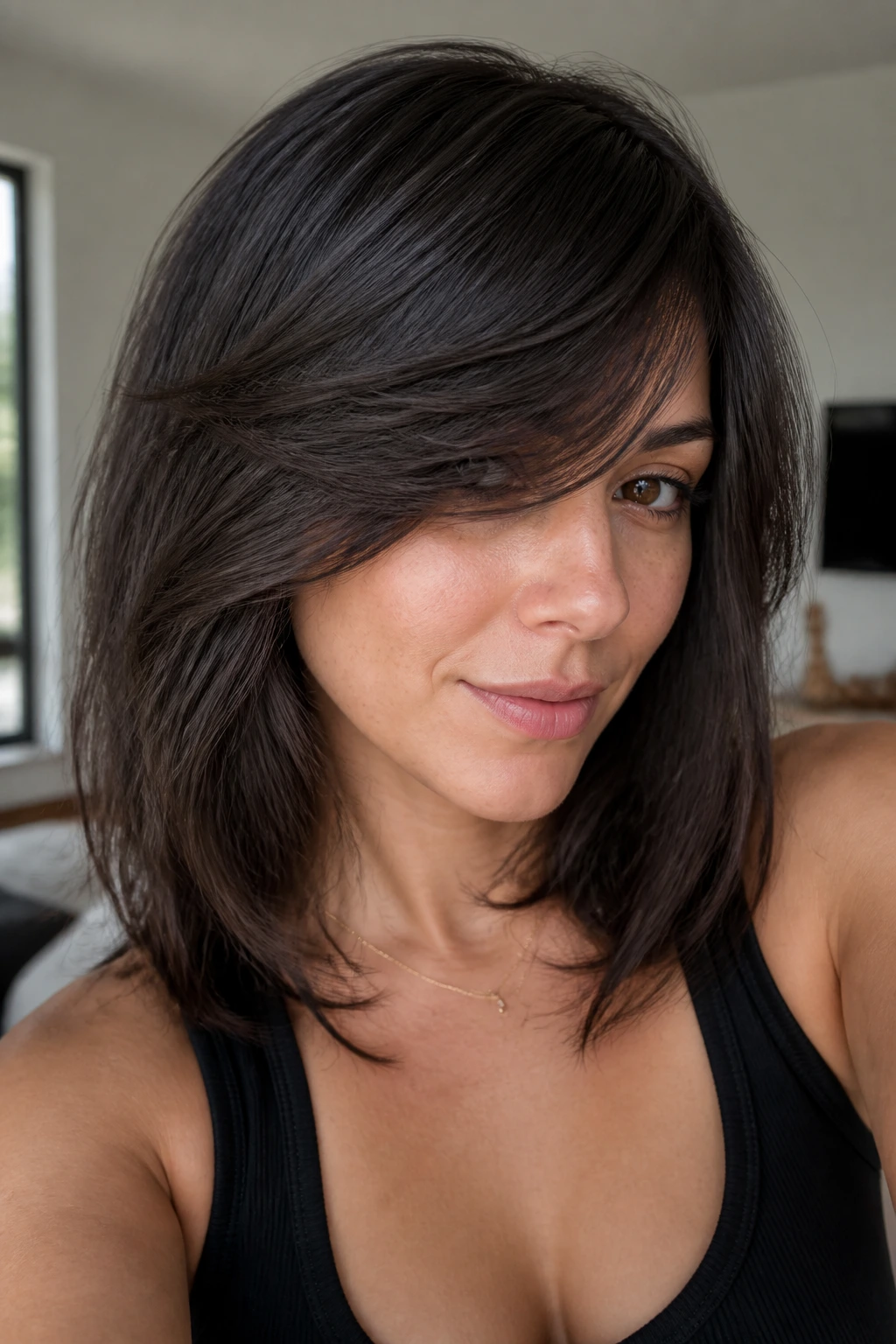 Real woman with a dense diagonal fringe sweeping across the forehead