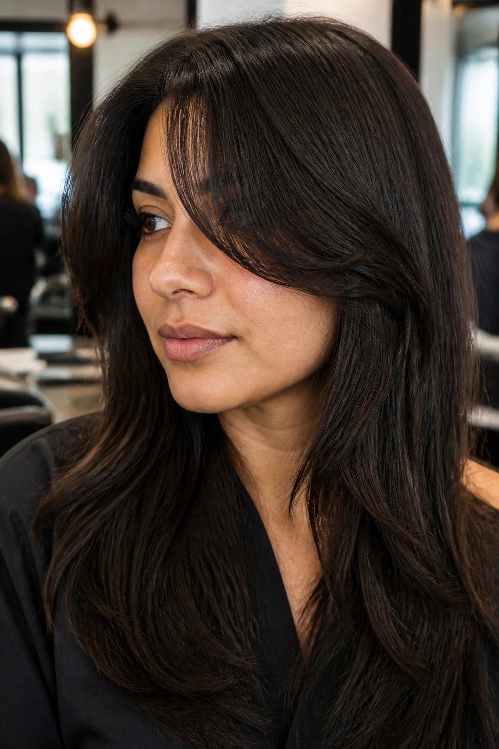 Real woman with dense hair thinned for front fringe in soft salon light