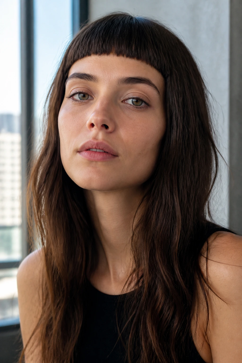 Real person with a bold, dense micro-fringe and long hair
