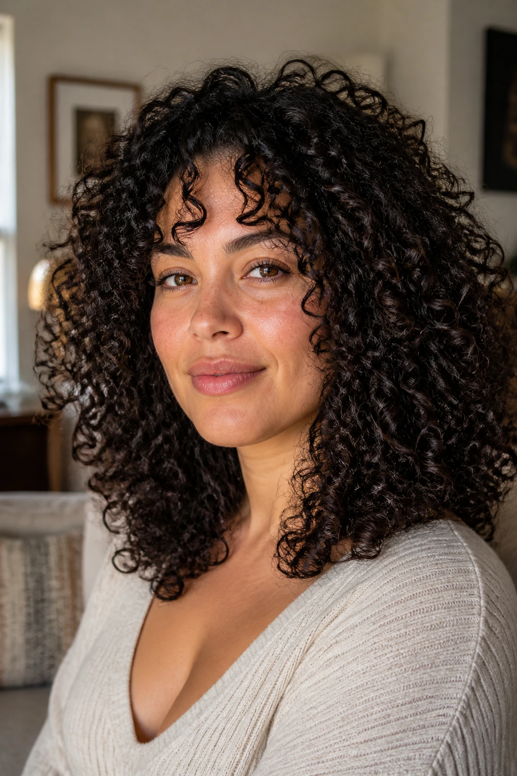 Close-up of a person with dense ringlets and internal layers for curl reduction.