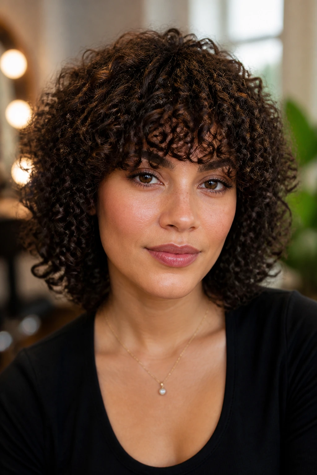 Close-up of a real woman with a dense rounded fringe on curly hair in a warm salon setting