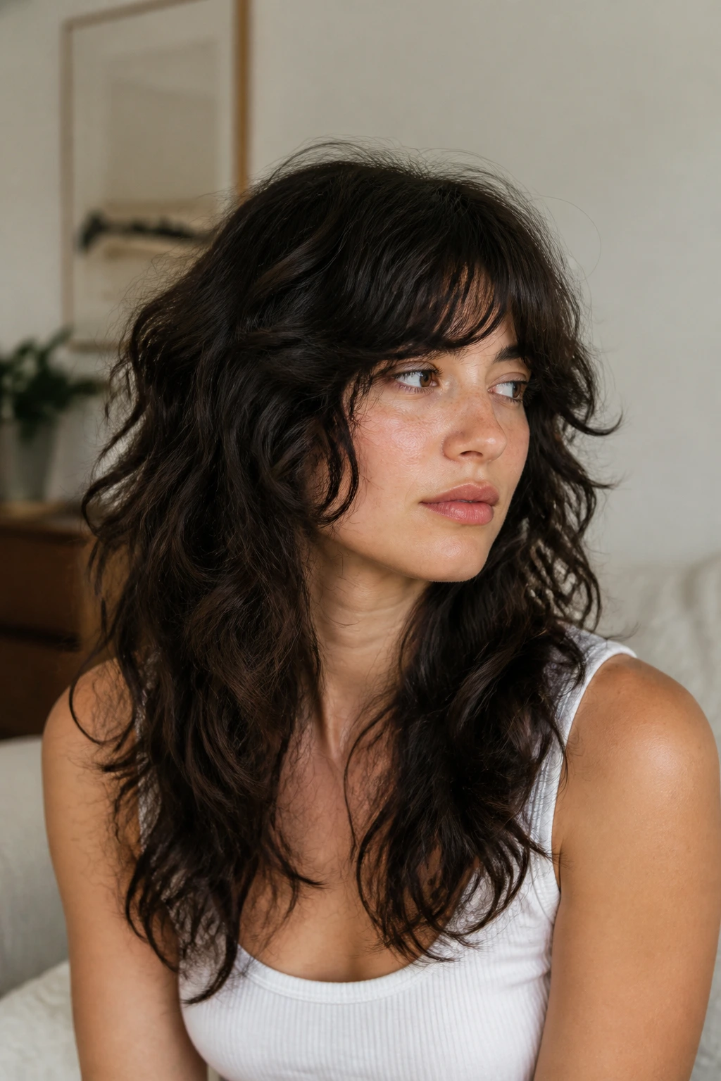 Portrait of a person with dense, wavy shag showing perimeter length and interior texture.