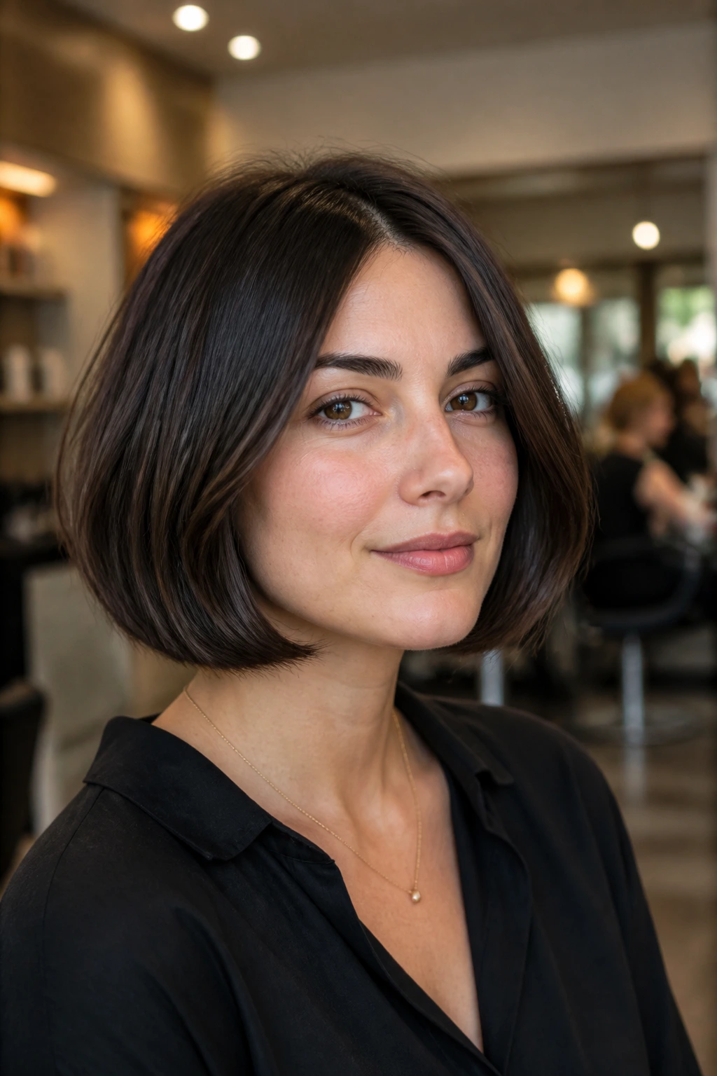 Real person with a density-preserving jaw-length boyfriend bob in a softly lit salon setting