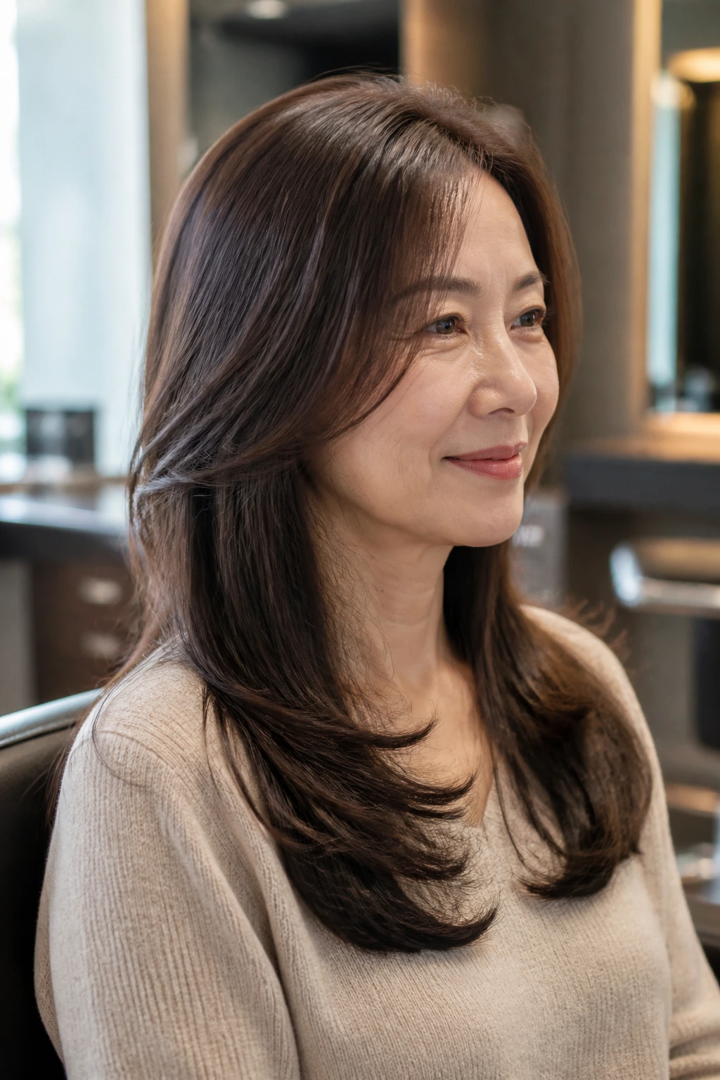 Real woman in a salon chair with density-preserving haircut appearance