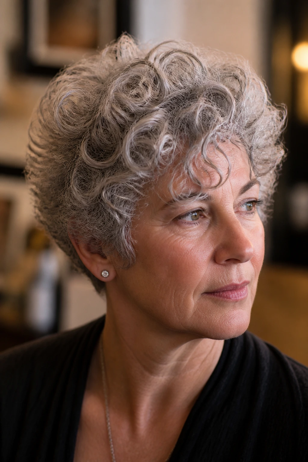 Portrait of a real woman with dense curly silver hair showing inner layers