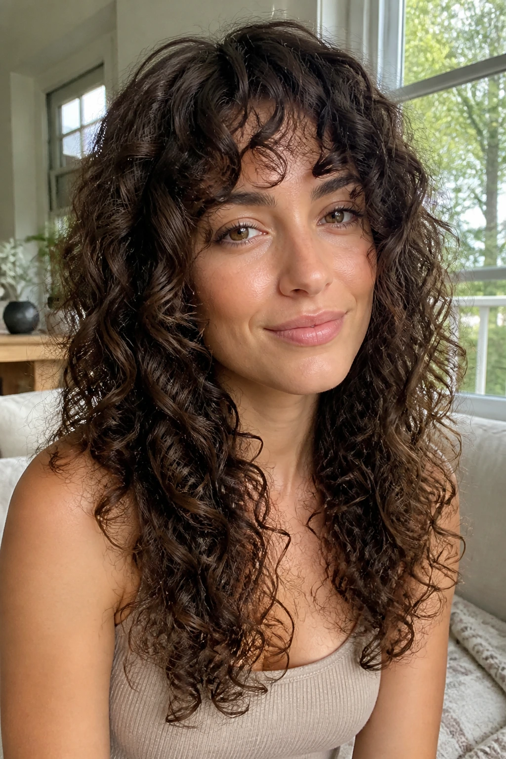 Close-up of a real woman with density-release layers in curly hair to reduce bulk