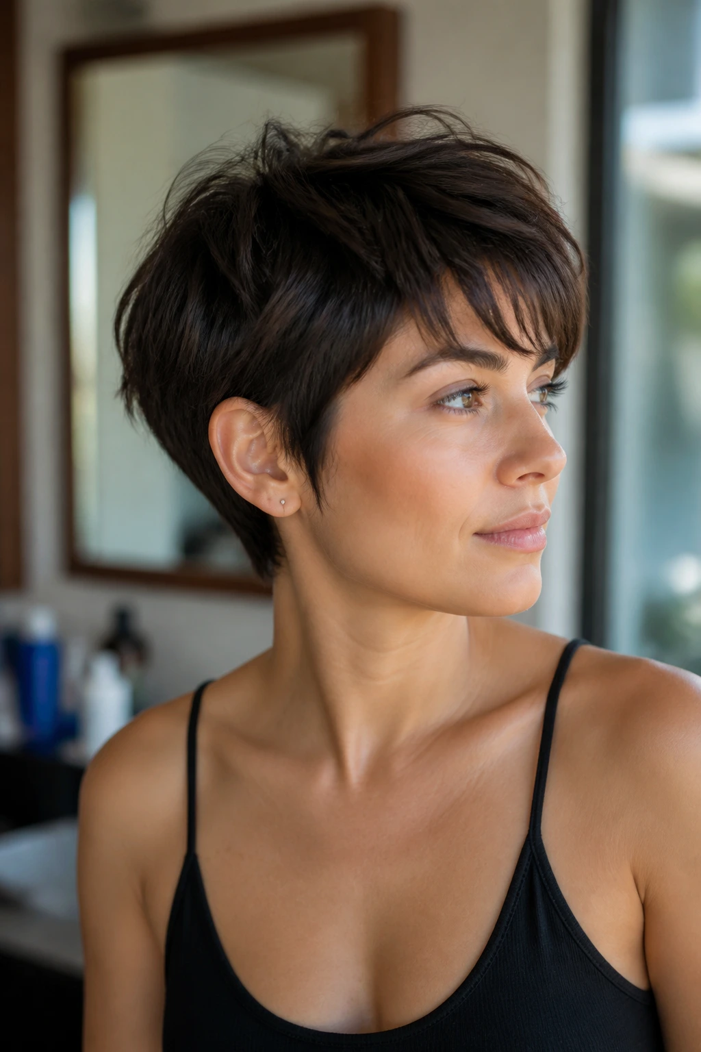 Portrait of a person with a practical short cut designed for density and routine