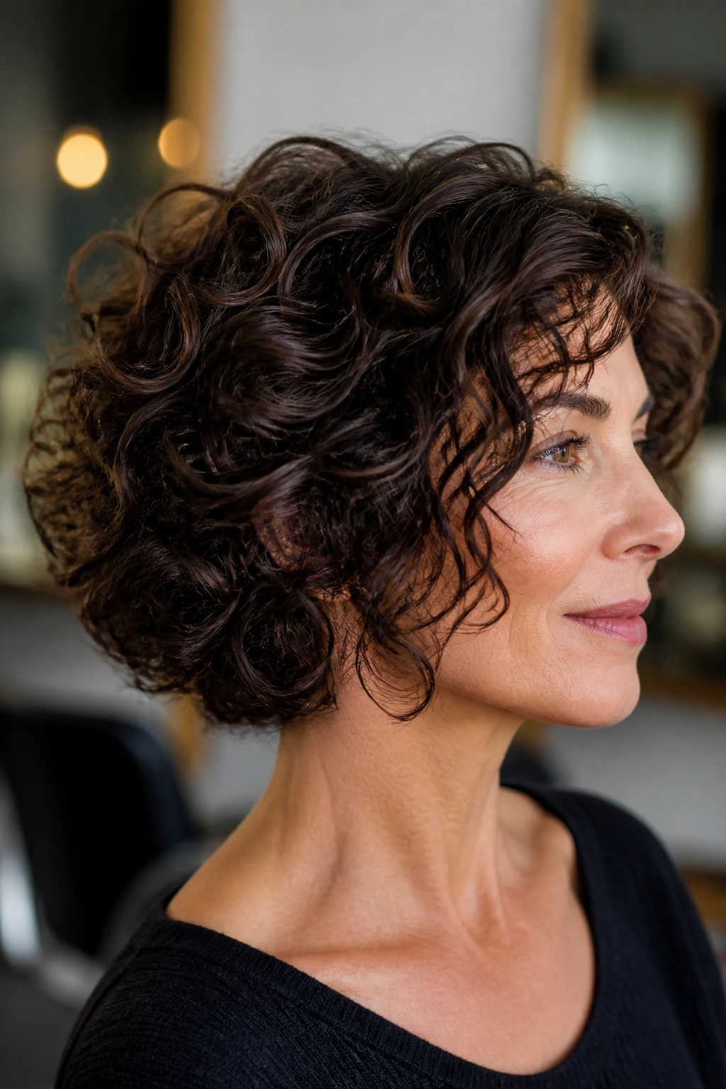 Close-up of a real woman with a density-preserving hairstyle viewed from the side