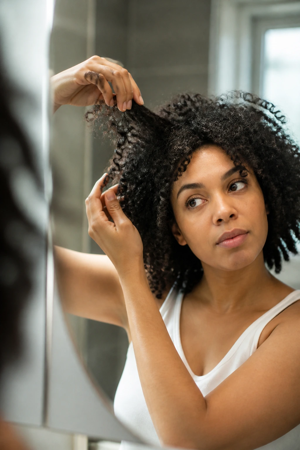 Close-up portrait evaluating curls with focus on density and shrinkage