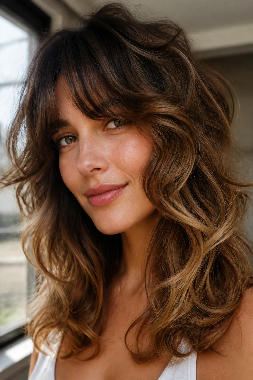 Close-up portrait of a real person with wavy hair showing density variations across crown and ends in natural light