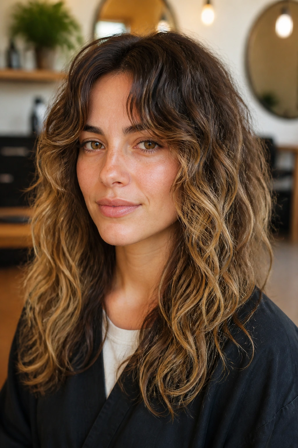 Portrait showing different density and wave patterns in a real woman's wavy hair