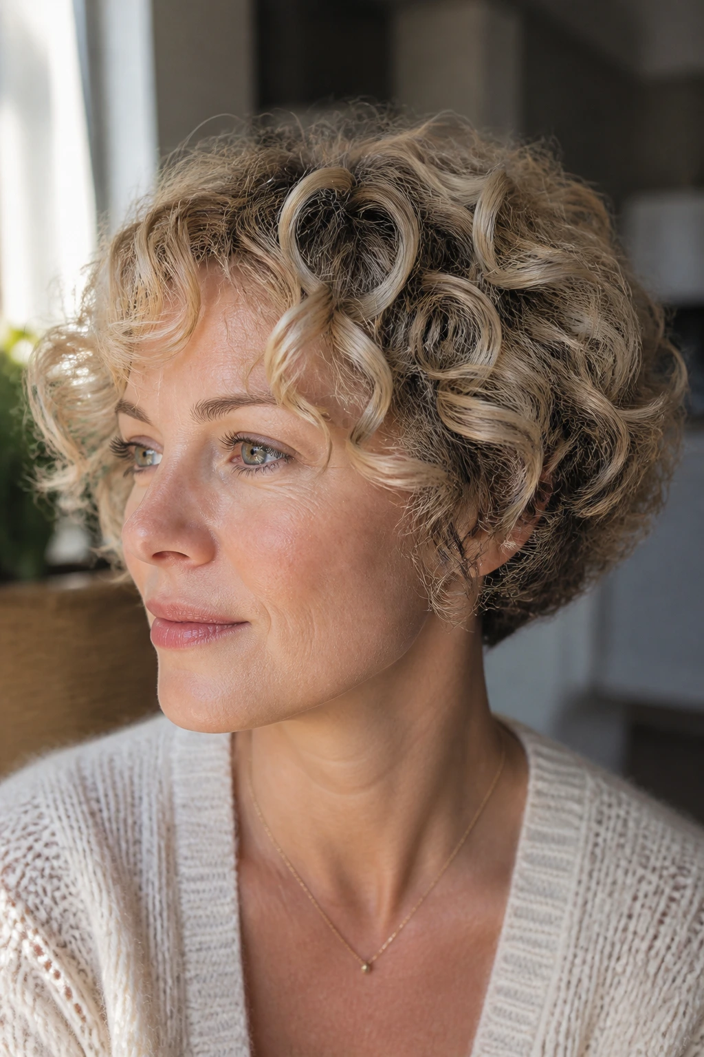 Close-up portrait of a real woman with short blonde curls and deep lowlights