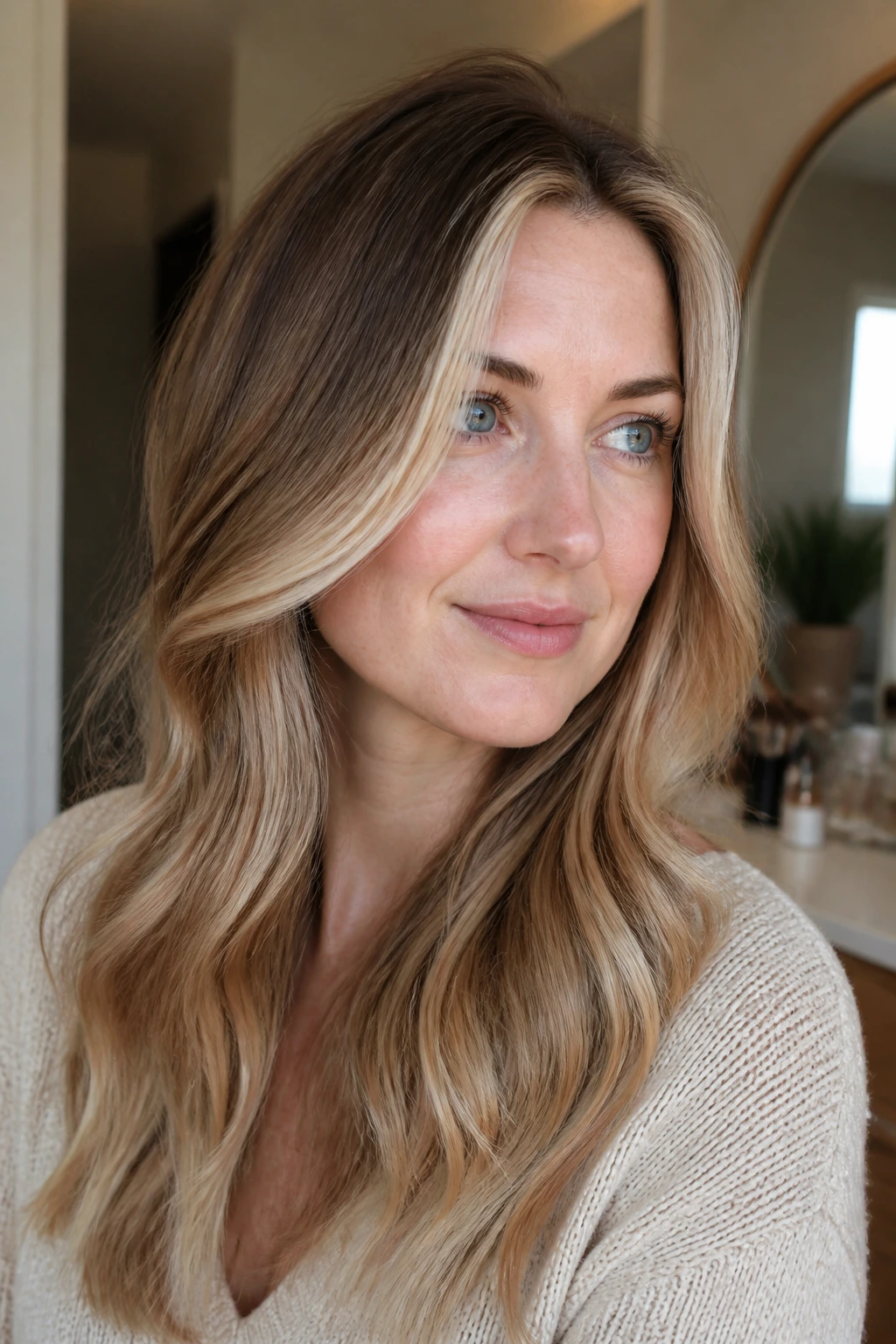 Portrait showing root shadow, mid tones, and face-framing highlights for fair skin