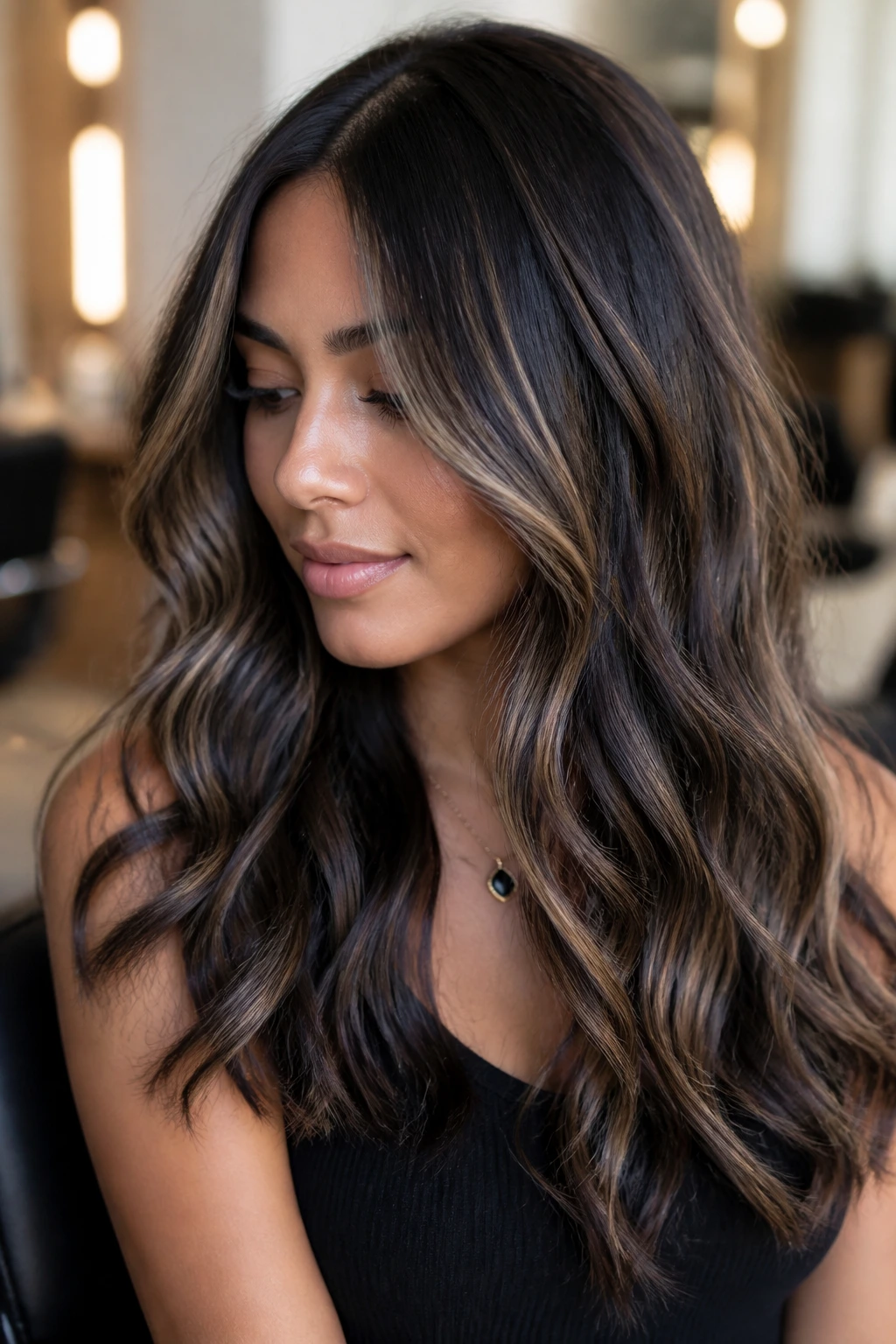 Close-up of hair showing depth-placed lowlights around the face