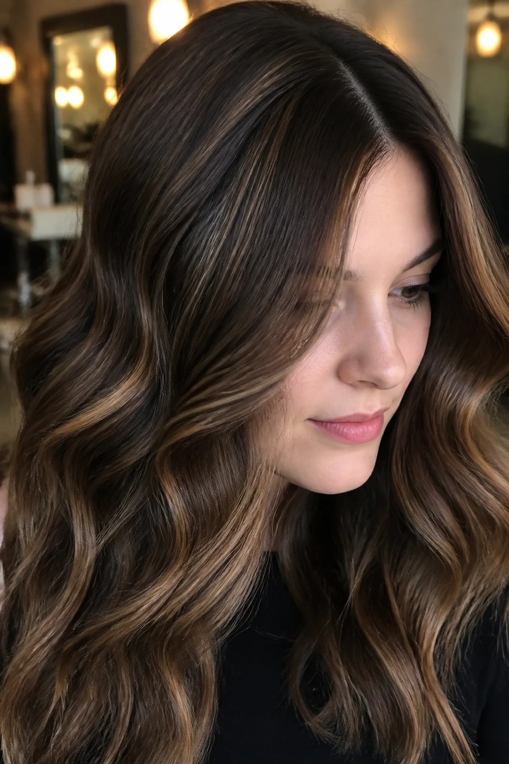 Hair with deeper color and loose waves showing refined finishing tweaks