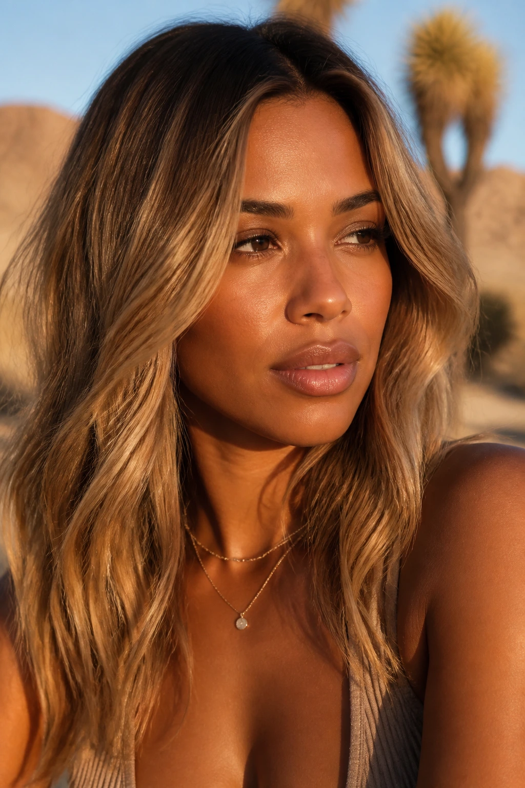 Close-up portrait of a woman with desert-bronze blonde hair in warm golden-hour light