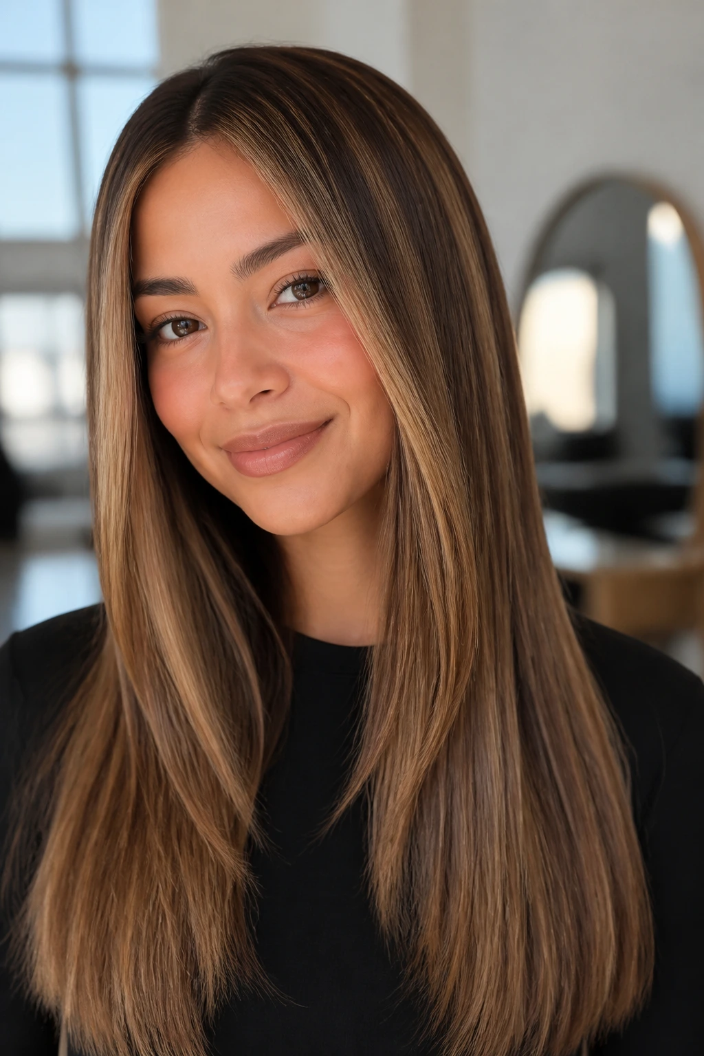 Brunette straight hair with desert caramel highlights near the front