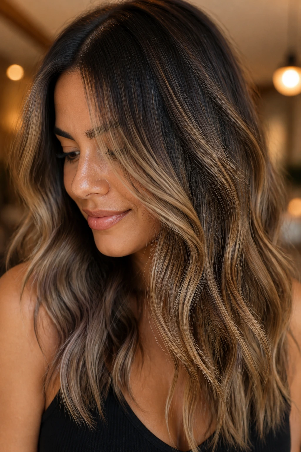 Olive undertone hair with desert honey balayage and root shadow
