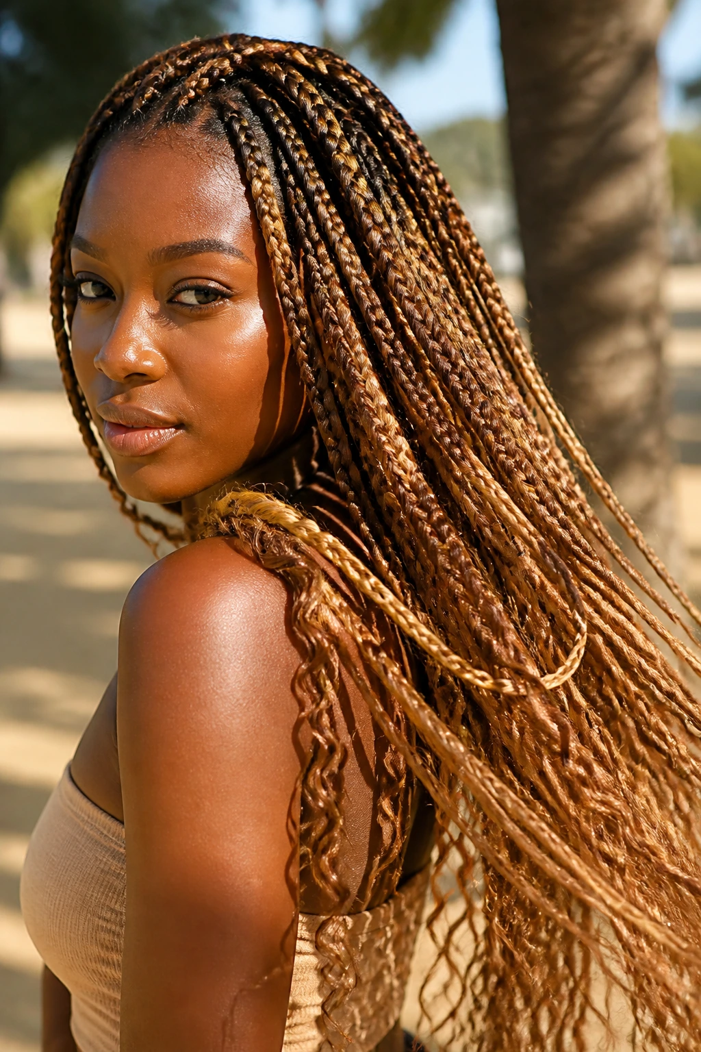Close-up of a woman with desert honey braided hair