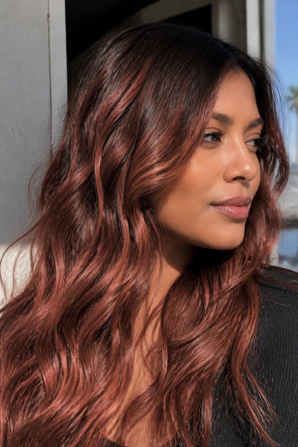 Portrait showing desert rose copper highlights in beachy waves