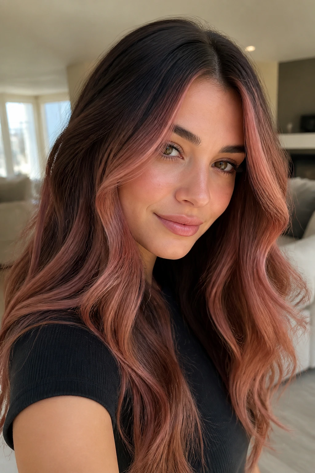 Close-up of brunette with dusty rose-apricot face-frame around hairline