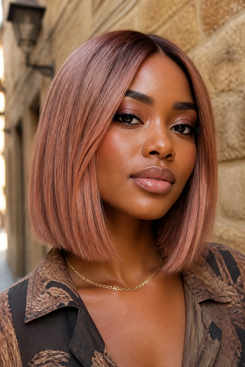 Close-up portrait of a real woman with Desert Rose Lob hair on deepskin.