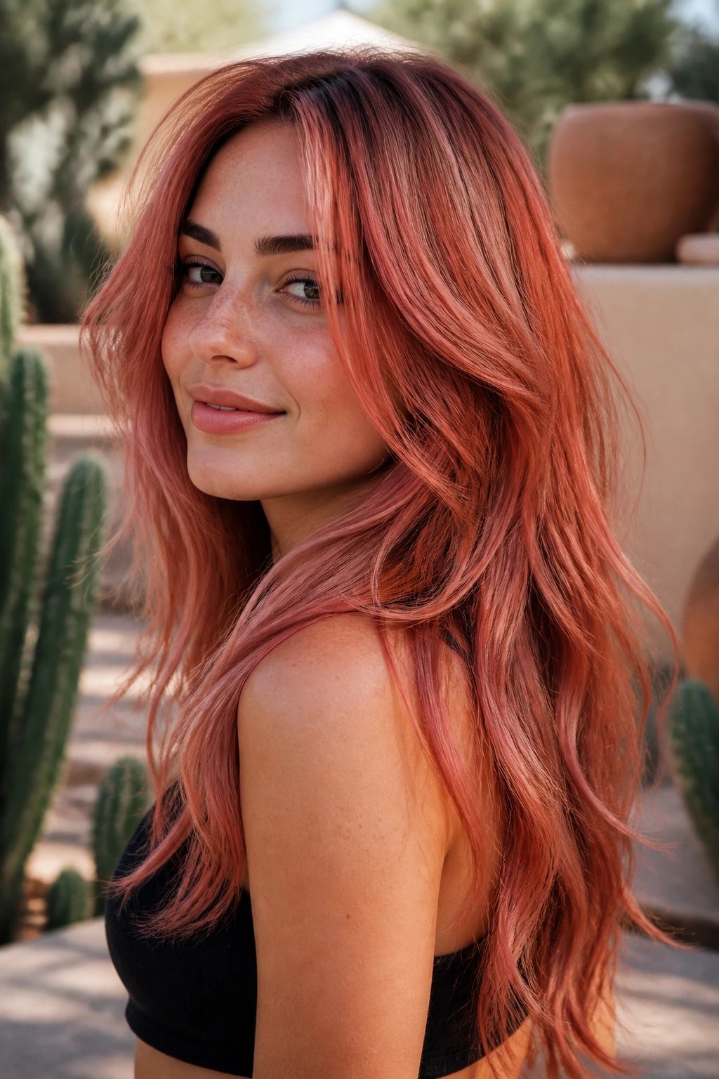 Portrait of a woman with Desert Rose Papaya color in dusky rose and mauve tones outdoors.