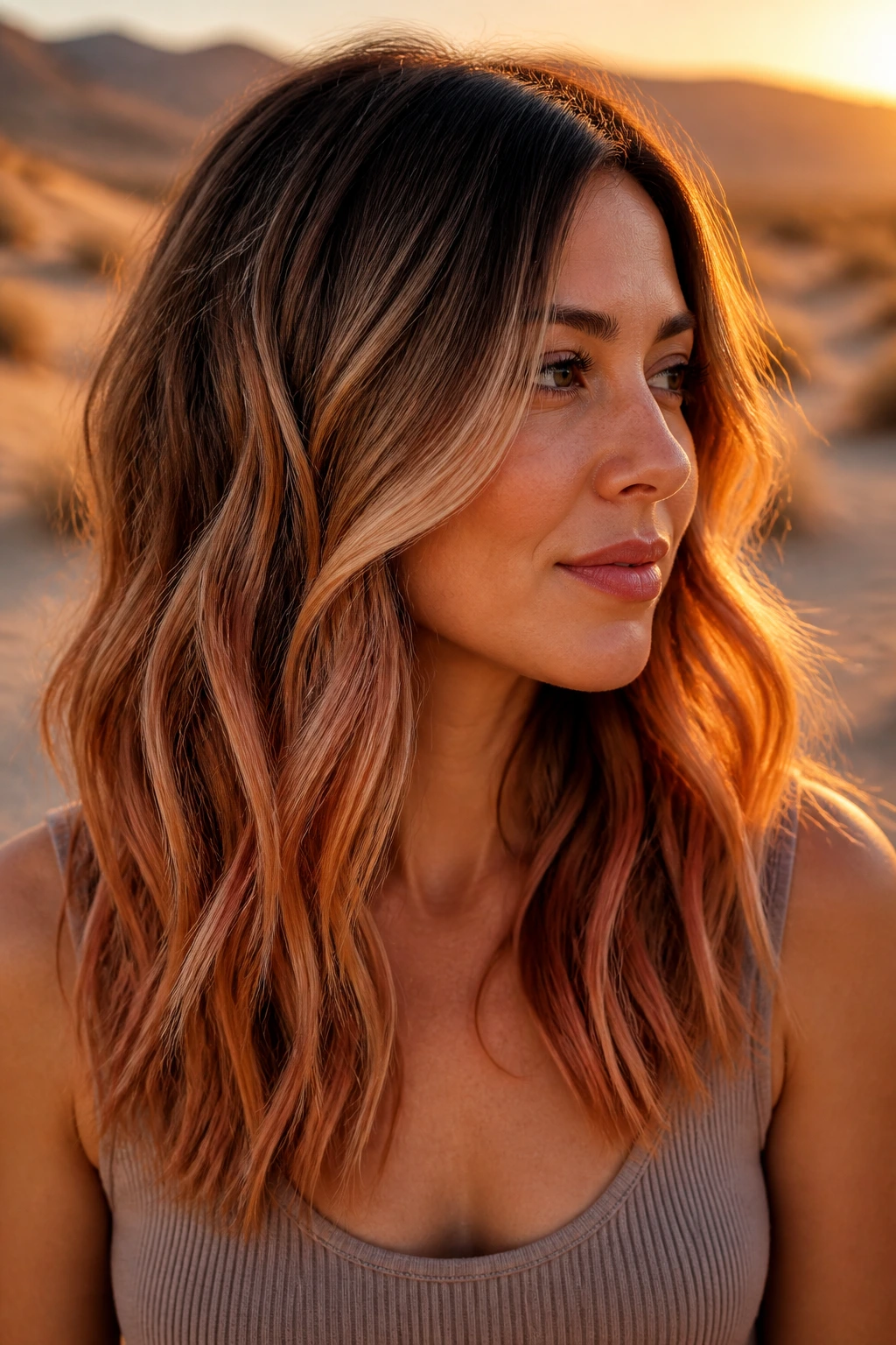 Portrait of a real woman with desert sunset balayage in warm desert light.