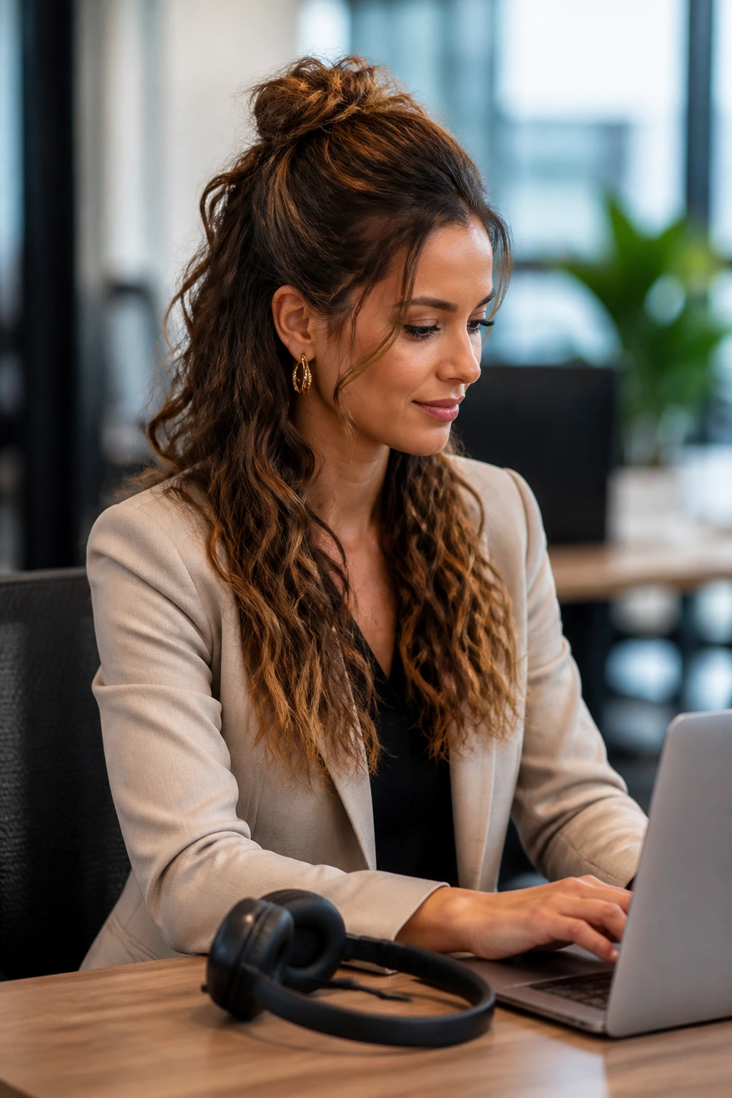 Professional woman at desk with half-up hairstyle suitable for desk to dinner