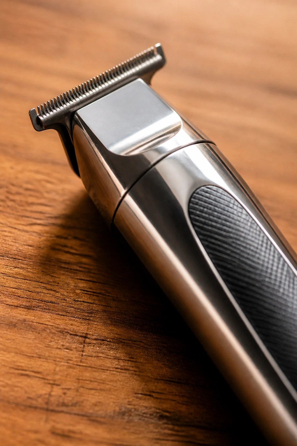 Close-up of a detail trimmer on a wooden surface ready for use