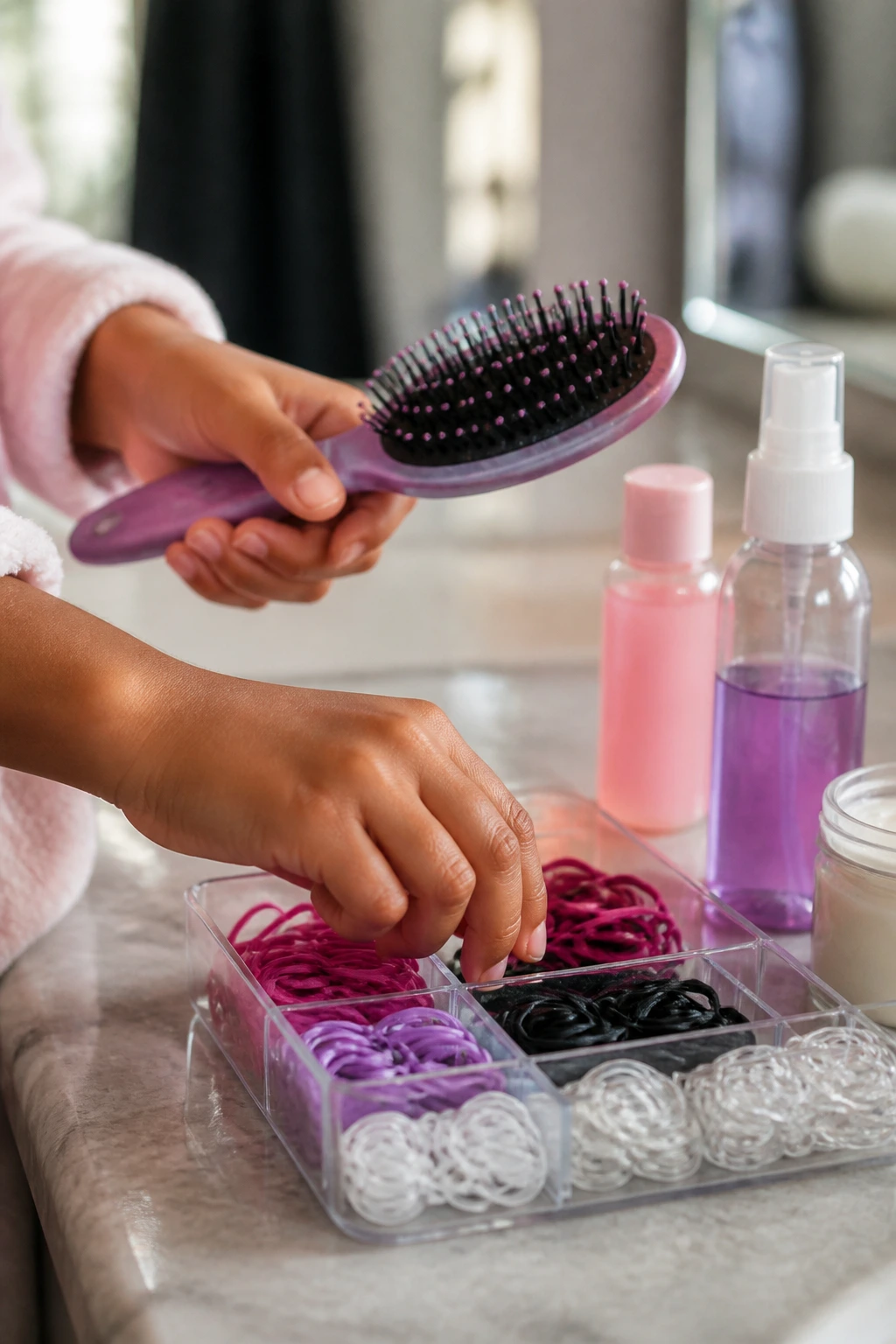 Hands selecting detangling brush and elastics for thick hair