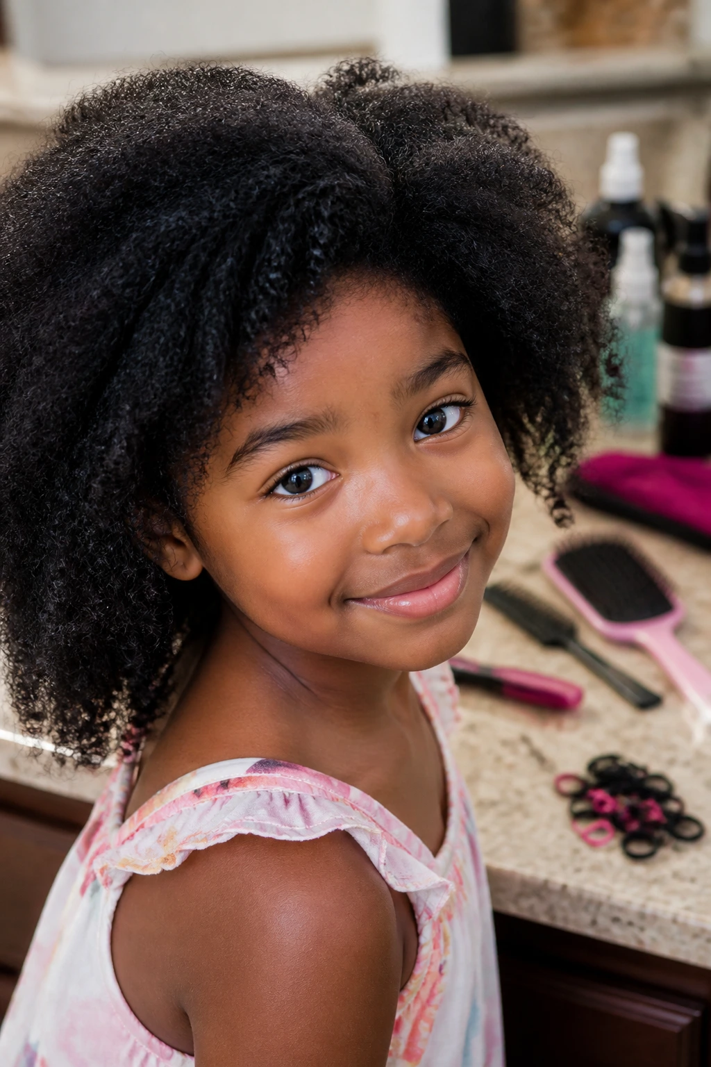 Child with thick hair, blurred counter tools in background