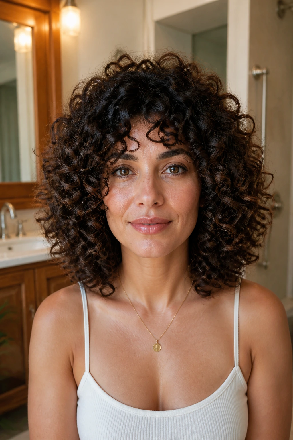 Real woman with Deva-inspired dry-cut curls showing varied curl patterns.