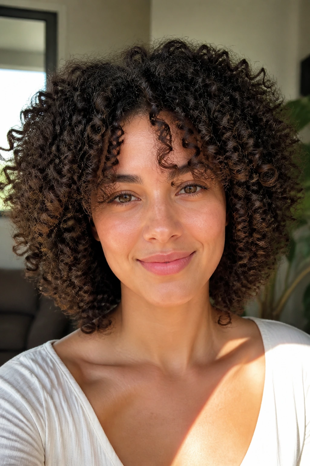 Close-up of Deva-inspired curly shape with stack-free layers on a real person