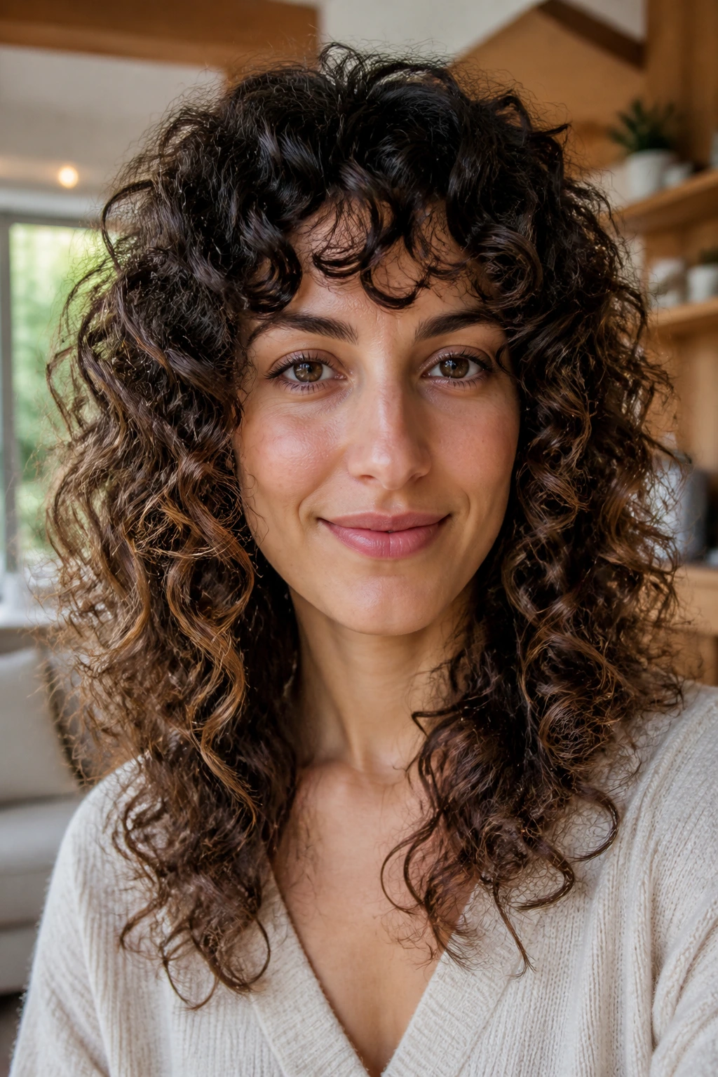 Close-up portrait of a woman with a Deva Cut featuring balanced layers on a heart-shaped face.
