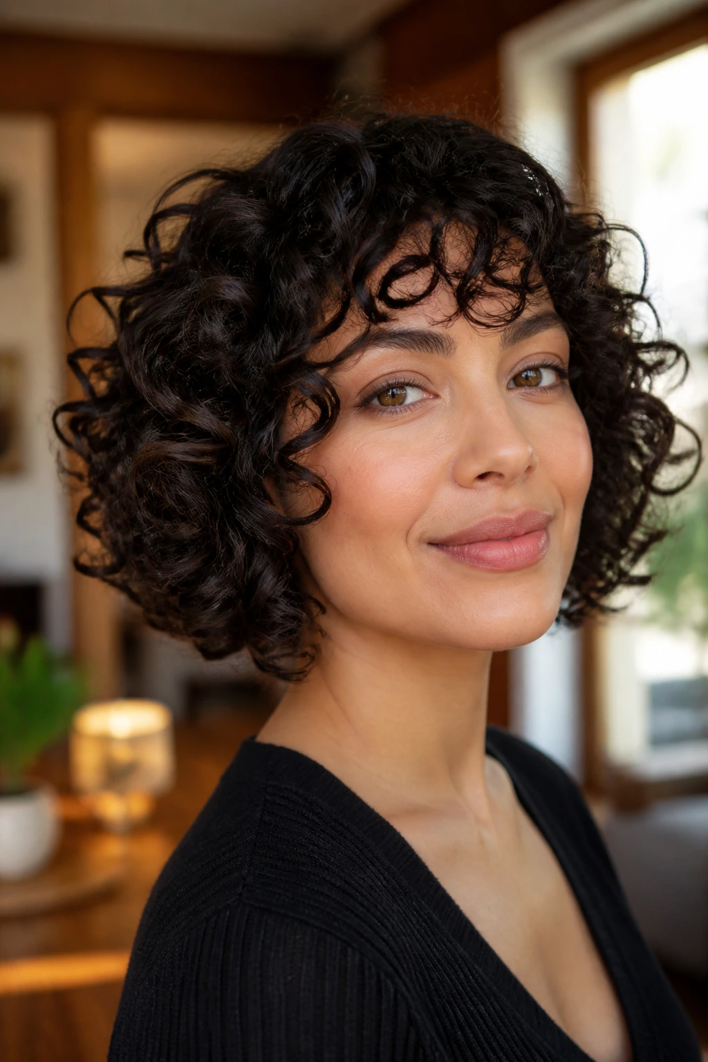 Close-up portrait of a real woman with a Deva cut bob showing curl-by-curl precision.
