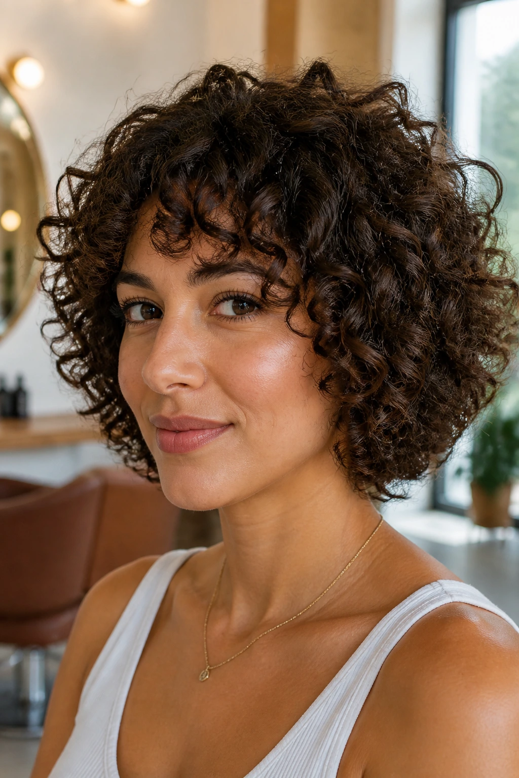 Close-up of a real woman with a Deva-cut curly bob, curl-by-curl definition and crown volume