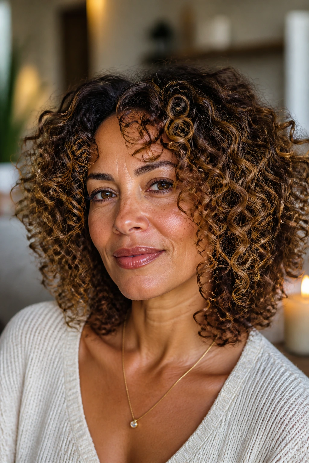 Real woman with Deva cut curls and caramel veils
