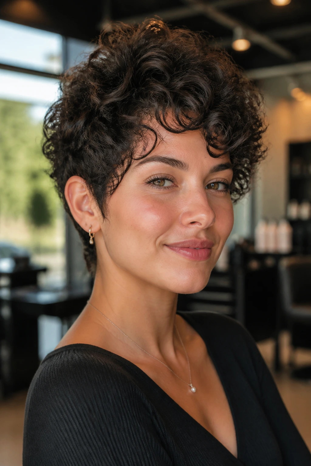 Close-up of a real woman with a Deva Cut Crop with Crown Lift, crown height visible and curls framing the face