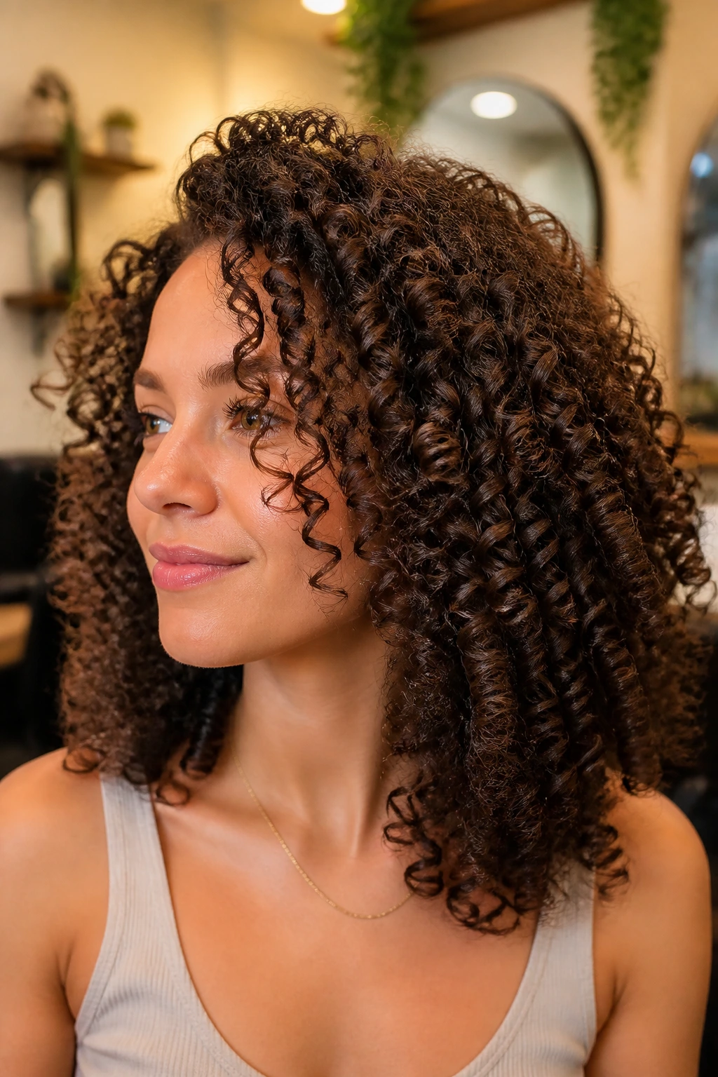 Close-up of a real woman with Deva cut curl-by-curl curls in a warm setting
