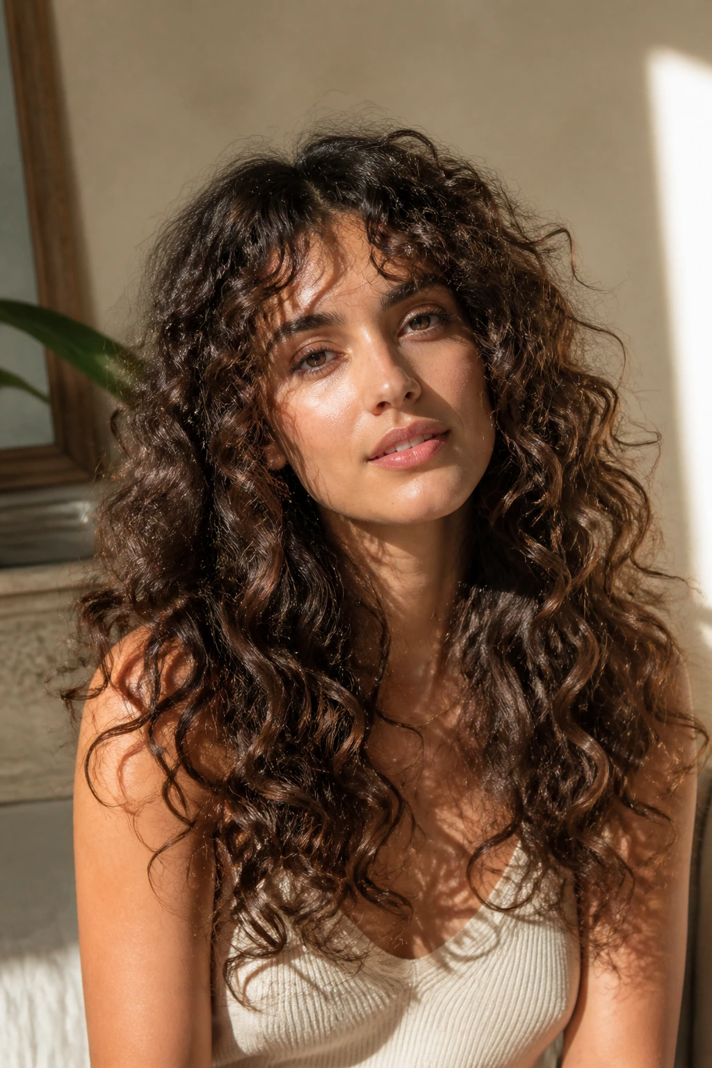 Portrait of a woman with long layered Deva curls in sunlit room