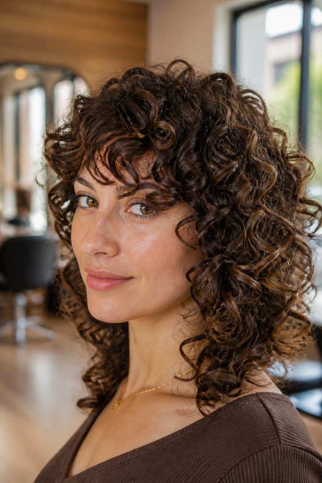 Close-up portrait of a real person with curl-by-curl defined curls and diagonal side-swept bangs.