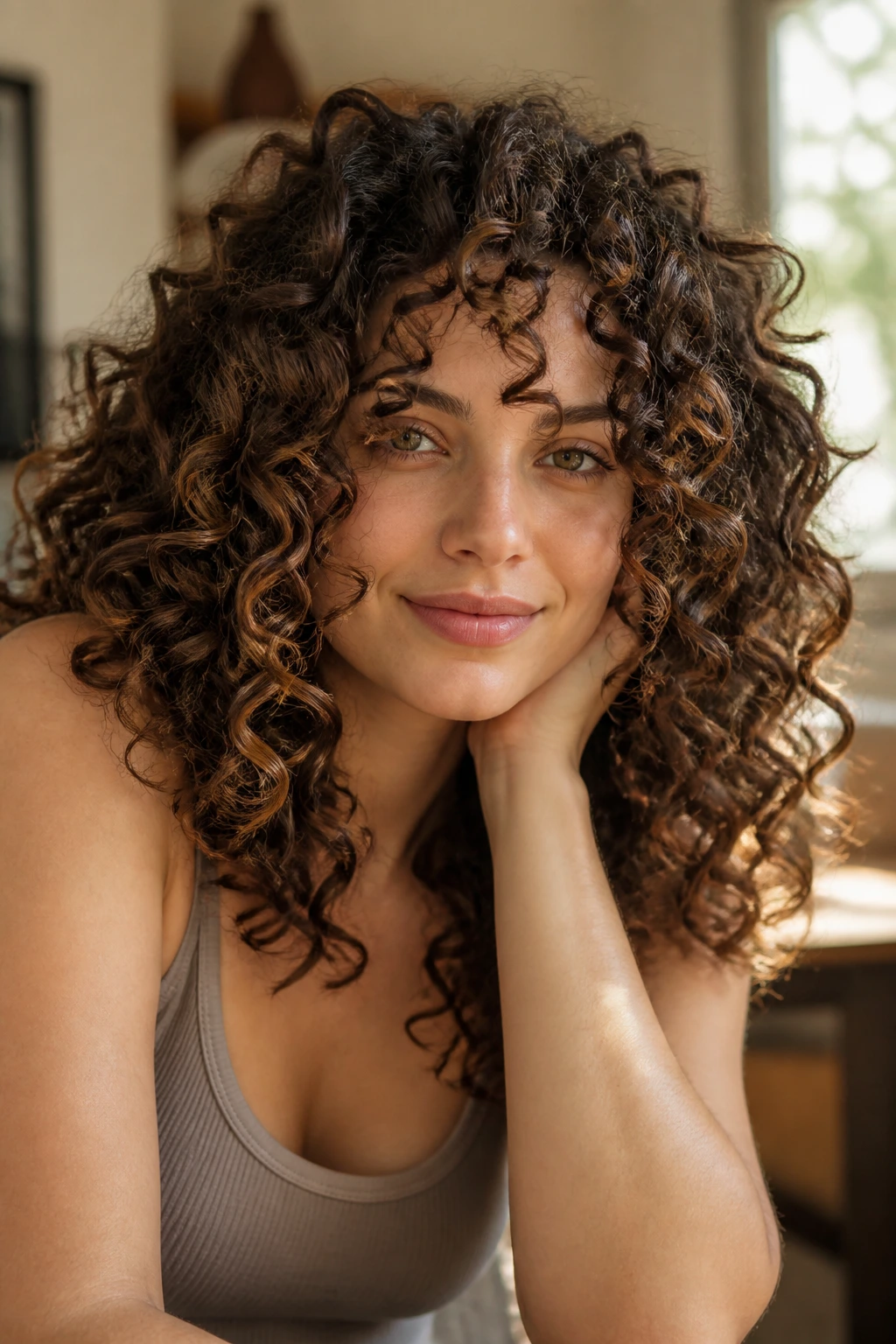 Portrait of a woman with defined spiral curls from a Deva cut